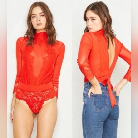 Hah Tops - NWT Free People TAKE HAH BOW BODYSUIT | BLOOD ORANGE LINGERIE – BODYSUIT Size XL